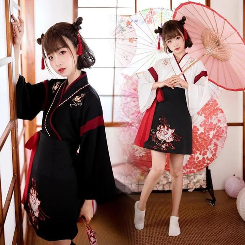 Demon Slayer Haori - 일본 원피스 기모노 여성 블랙 화이트